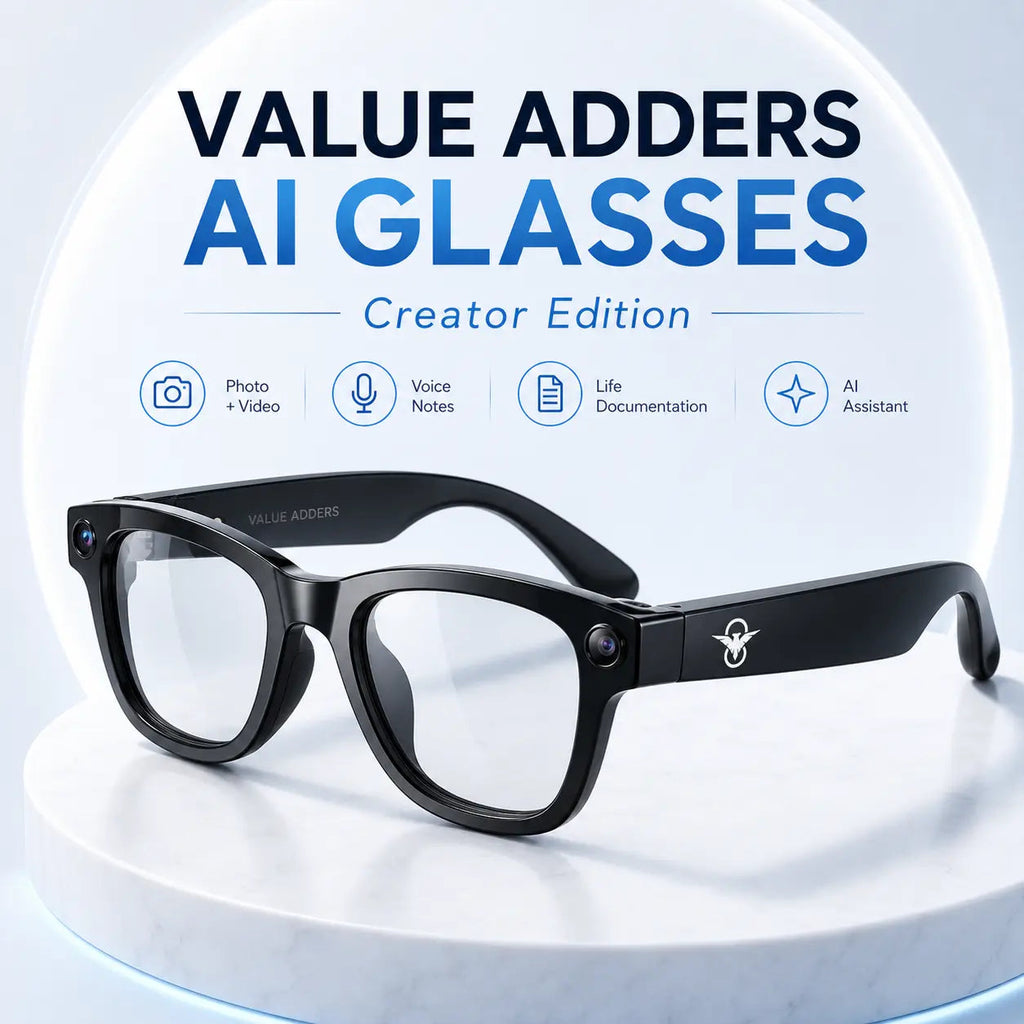 Value Adders AI Glasses Creator Edition product image with feature icons
