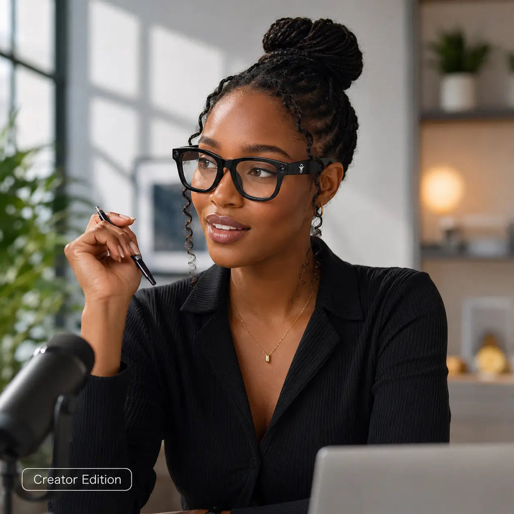 Value Adders AI Glasses Creator Edition worn during podcast and content creation