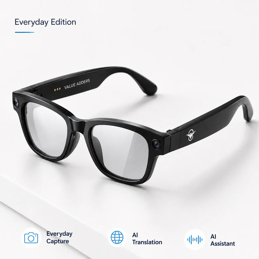 Value Adders AI Glasses Everyday Edition product feature card with everyday capture AI translation and AI assistant