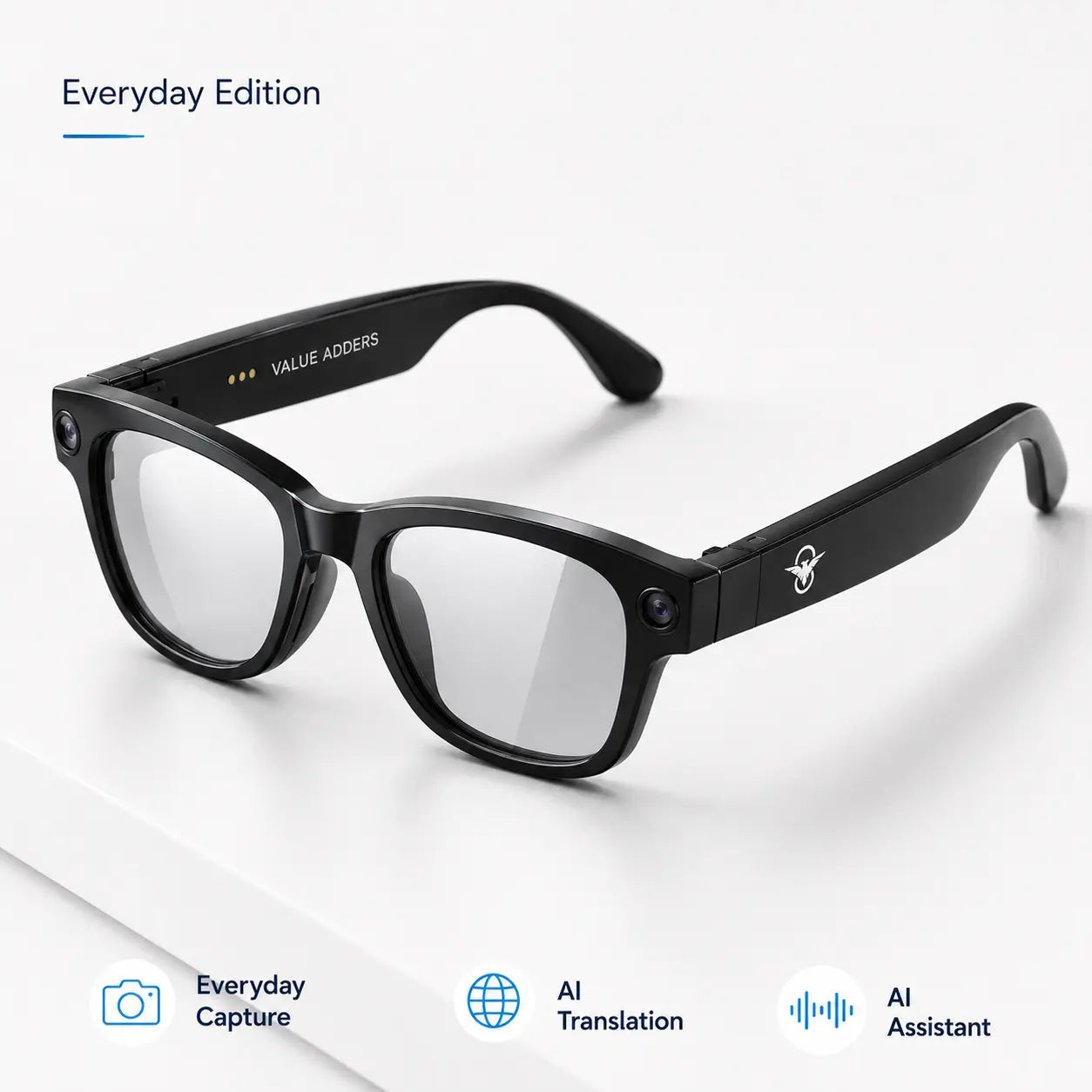 Value Adders AI Glasses Everyday Edition product feature card with everyday capture AI translation and AI assistant