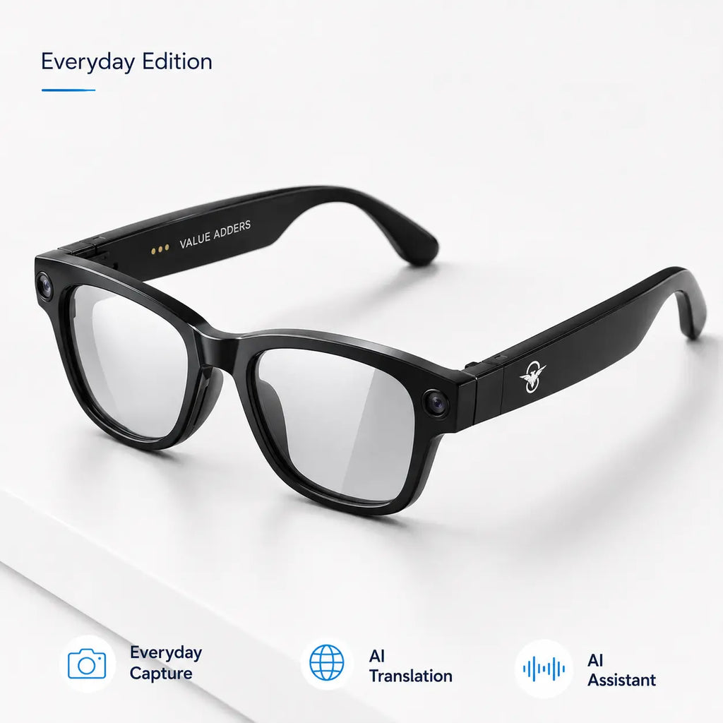 Value Adders AI Glasses Everyday Edition product feature card with everyday capture AI translation and AI assistant