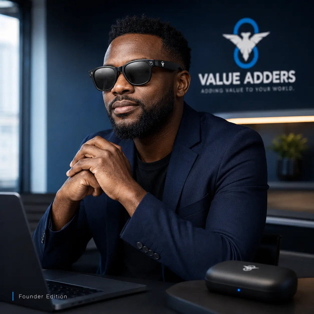 Value Adders AI Glasses Everyday Edition product angle with branded case