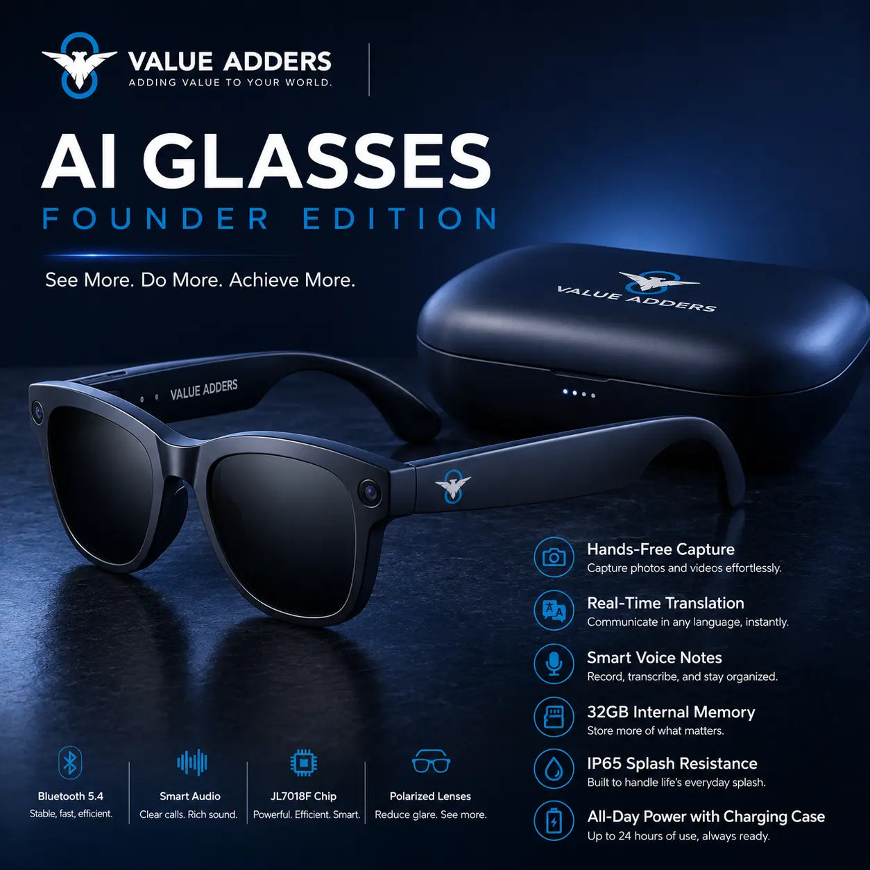 Value Adders AI Glasses Founder Edition dark product image with charging case