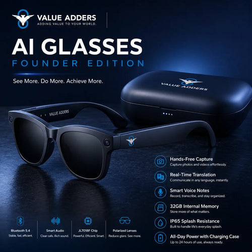 Value Adders AI Glasses Founder Edition dark product image with charging case
