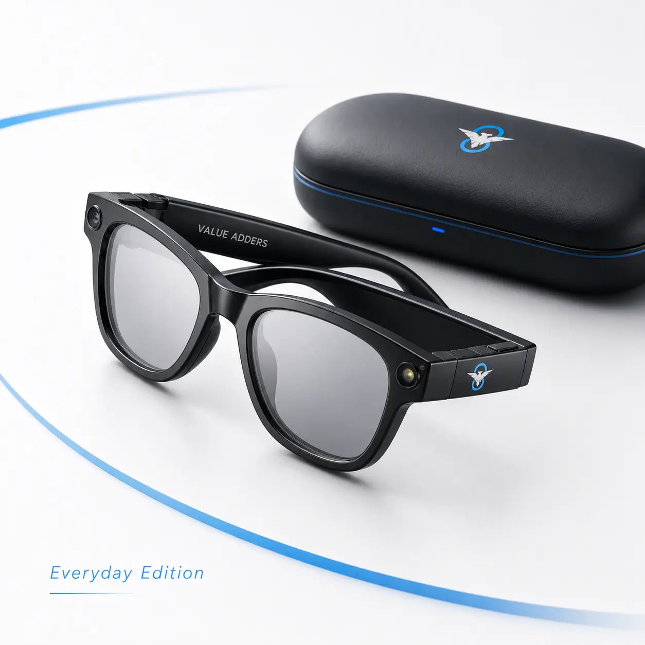 Value Adders AI Glasses Founder Edition worn by an executive in a dark office