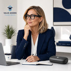 Value Adders AI Glasses Founder Edition worn by a founder in an office setting