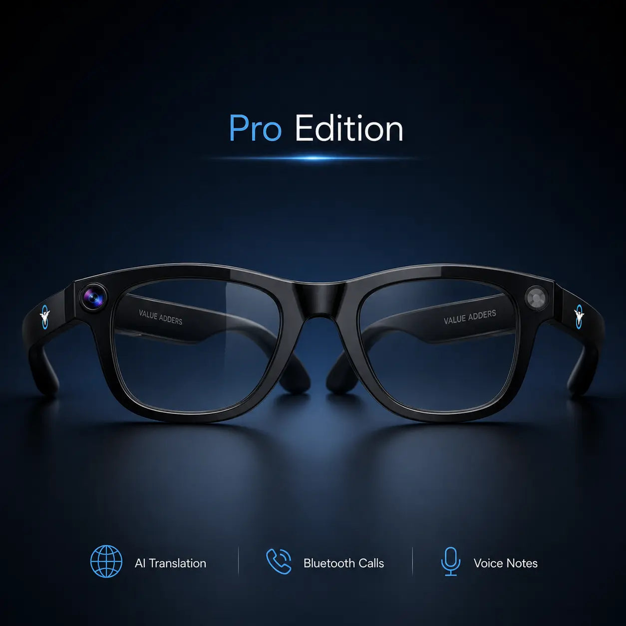 Value Adders AI Glasses Pro Edition front angle with AI translation Bluetooth calls and voice notes